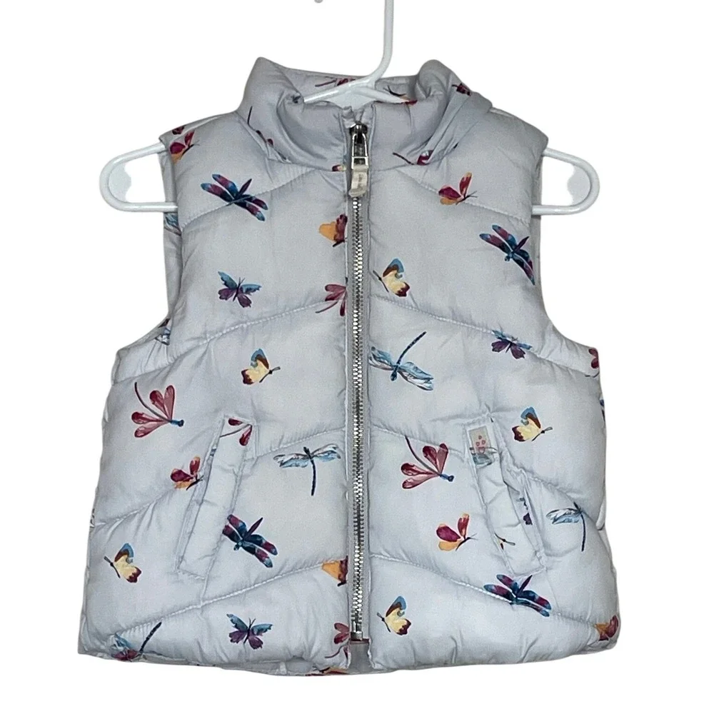 Zara Baby Girl Puffer Vest Hooded Dragonfly Butterfly Print 6-9M Warm Outdoors
